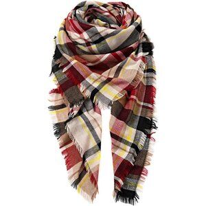 Women's Red Beige Winter Cashmere Feel Plaid Scarf Pashmina Shawls And Wraps